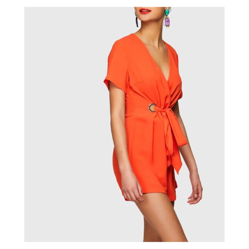 Bright Orange V Neck Short Sleeve Knot Romper - Picture 4 of 4